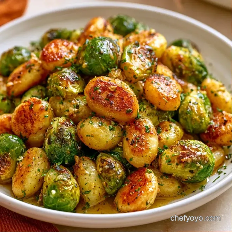 Pan-seared gnocchi and charred greens plated on a white ceramic dish, garnished with a pinch of flaky sea salt.