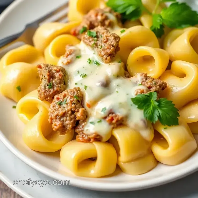 Quick Cheesesteak Tortellini Creamy Delight presentation