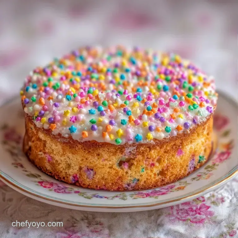 A round cake with smooth white frosting and colorful sprinkles atop a marble pedestal with a silver server.
