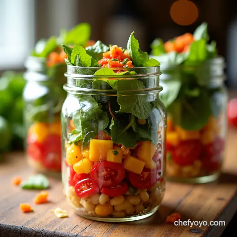 Rainbow Vegan Mason Jar Salad with Lemonherb Dressing presentation