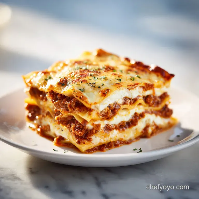 Lasagna slice, ricotta filling oozing, plated elegantly. Fresh basil garnish and a dusting of parmesan add color and texture.