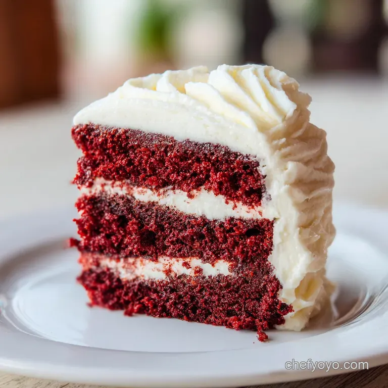 A tiered crimson cake topped with swirls of white icing and a dusting of red crumbs on a marble cake stand.