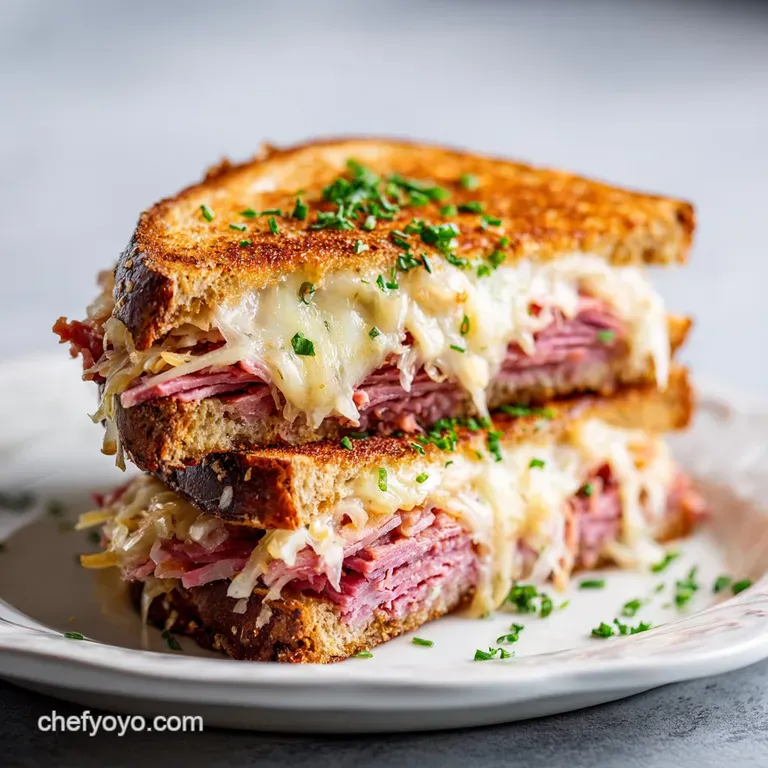 Close up of a Reuben sandwich half, tangy sauerkraut spilling out. The corned beef is tender and juicy, cheese melted and ...