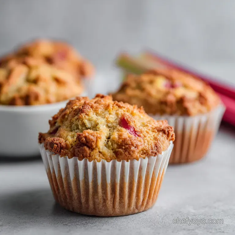 Plump rhubarb muffins with a tender crumb, artfully arranged with a dusting of sugar.