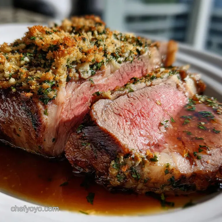 Ribeye Roast with Garlic-Herb Crust and Pan Jus presentation