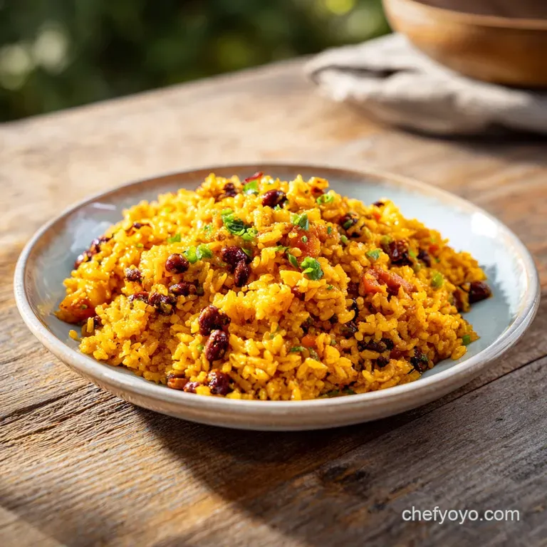 Plated portion of vibrant rice and pigeon peas, garnished with fresh cilantro, lime wedge, hinting at a zesty, comforting ...
