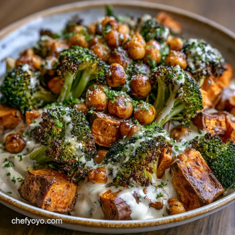 Vibrant roasted carrots and broccoli arranged in a ceramic bowl with a swirl of zesty sauce and a sprinkle of seeds.