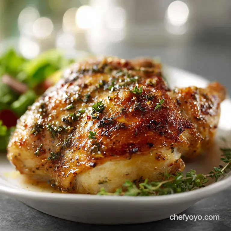 Perfectly plated roasted chicken breast with crispy skin, nestled on a bed of vibrant, tender vegetables and a swirl of go...