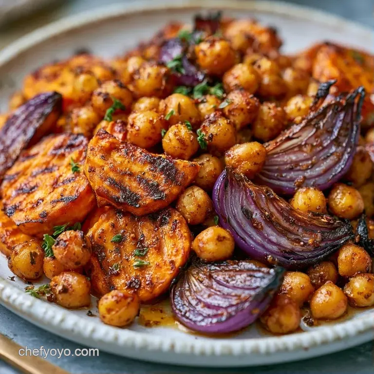 A colorful medley of roasted root vegetables and crispy chickpeas drizzled with creamy tahini on a matte plate.