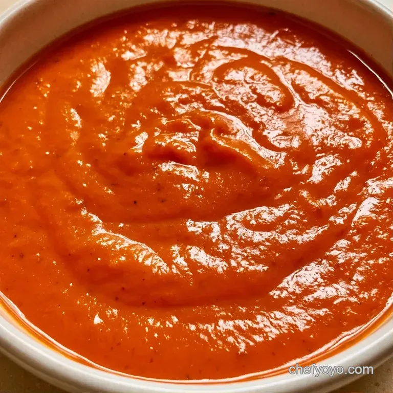 Vibrant orange sauce in a glass ramekin paired with charred peppers and roasted garlic on a moody dark background.
