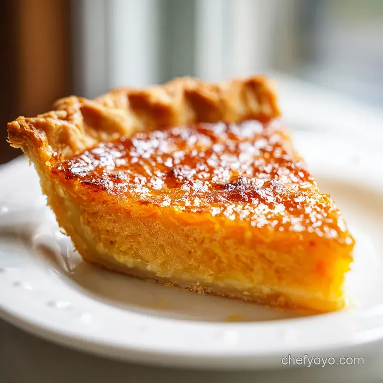 Slice of sweet potato pie with a velvety texture, served with a dollop of whipped cream and a sprinkle of cinnamon.