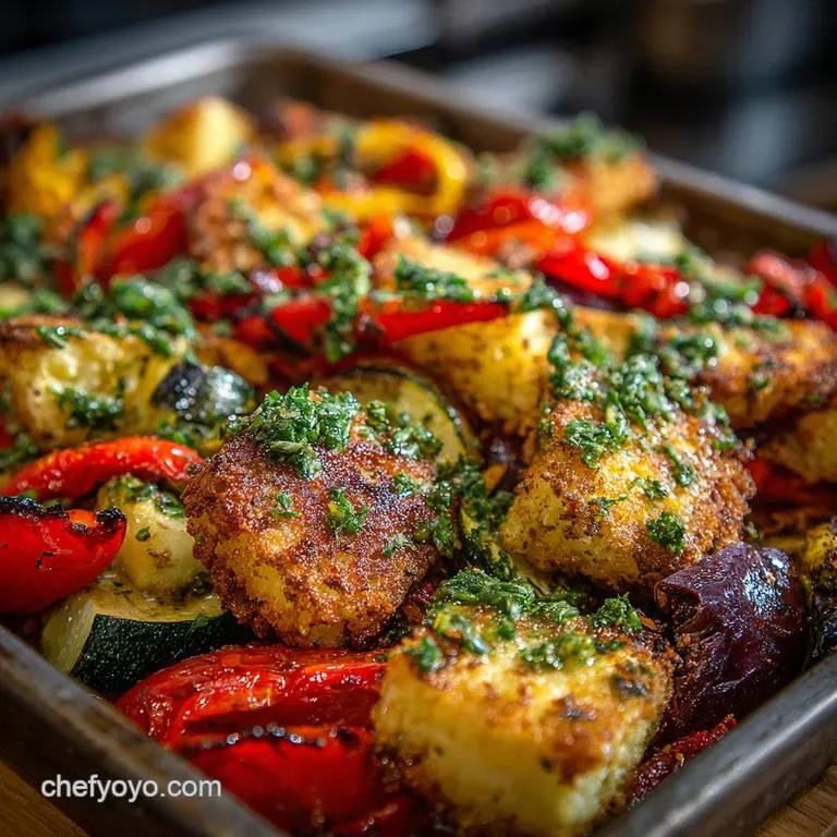 Roasted Vegetable and Halloumi Traybake with Lemonherb Dressing presentation