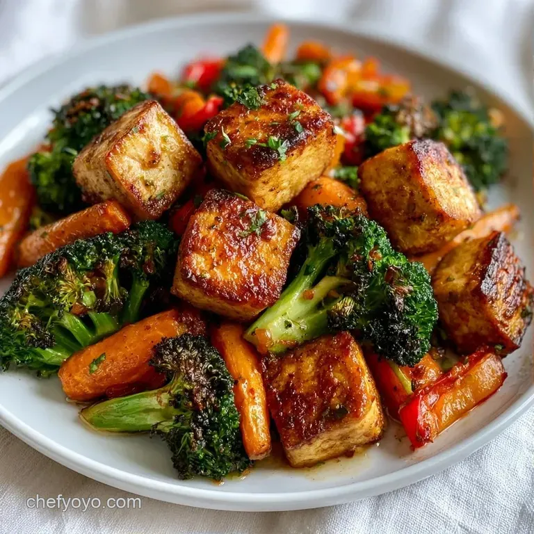 Vibrantly colored roasted vegetables and seared tofu cubes arranged neatly in a matte ceramic bowl with a drizzle.