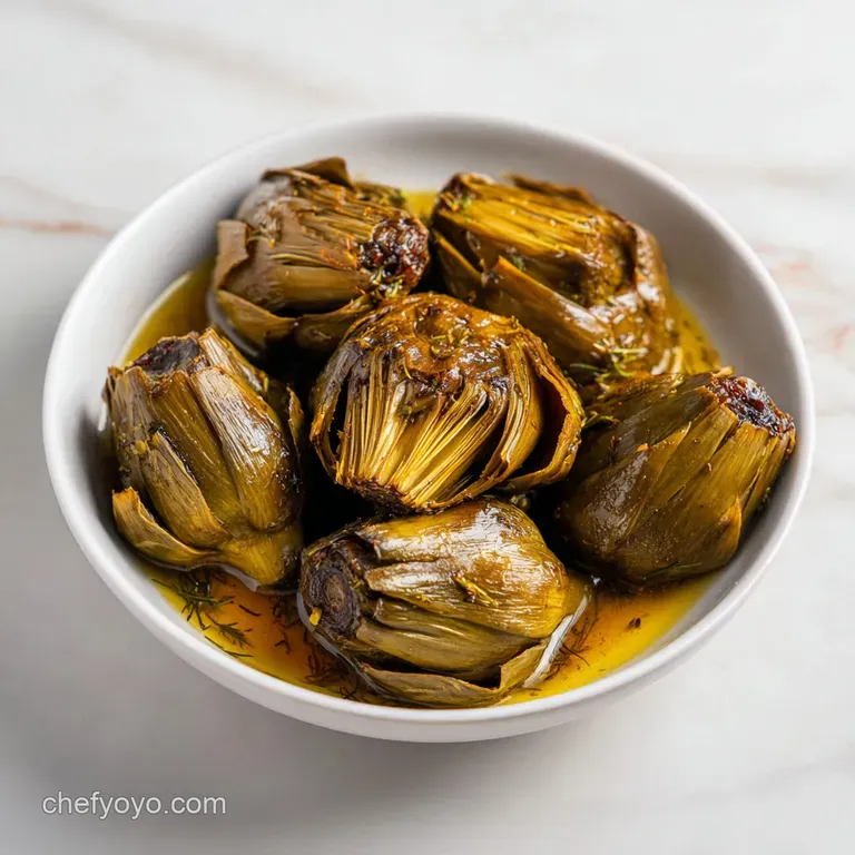 Elegant plate of Roman artichokes: soft, silvery green hearts nestled in a flavorful, rustic braising liquid; fresh herbs.
