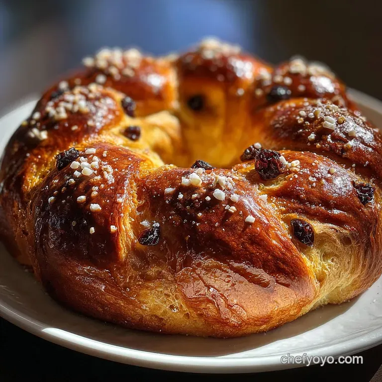 Slice of Rosca de Reyes with vibrant candied toppings, showcasing the bread's soft crumb and sweet, colorful decorations o...