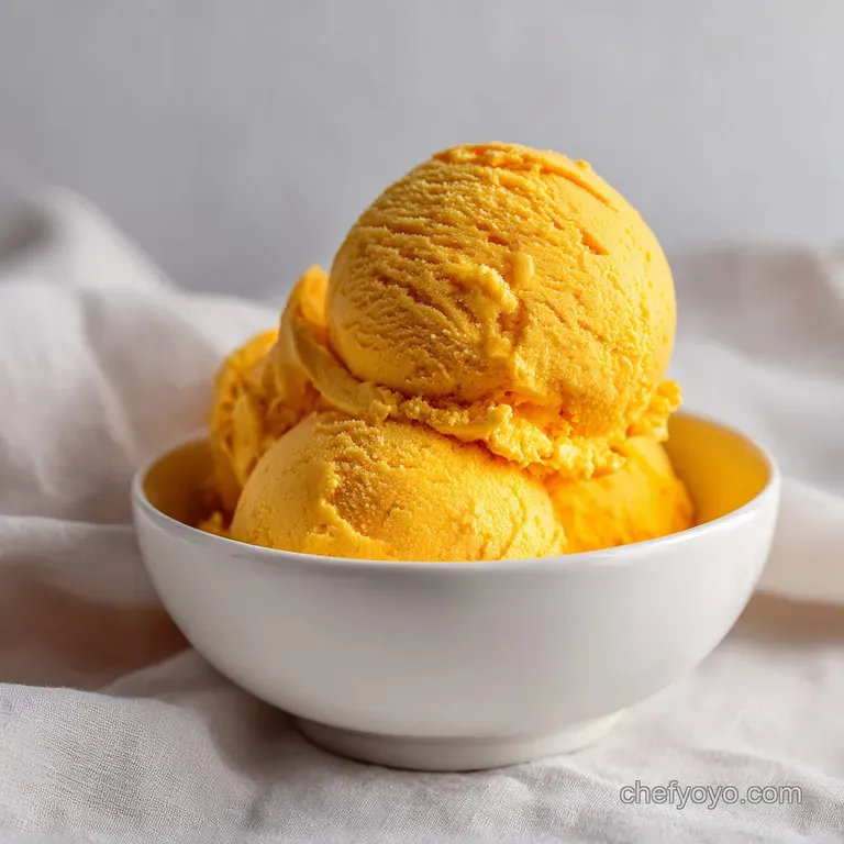 Elegant scoop of saffron ice cream, glistening, with a drizzle of honey, garnished with edible flower petals on a white pl...