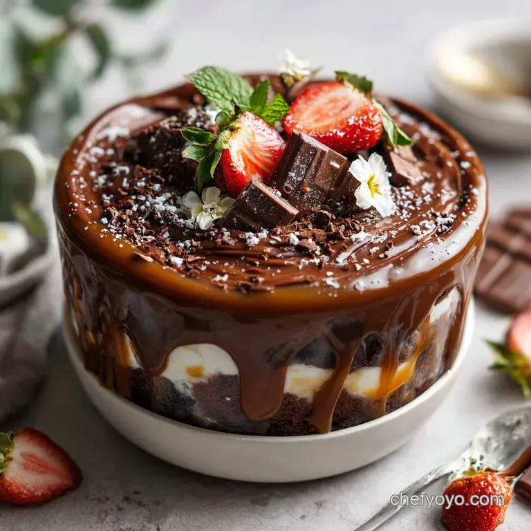 Elegant trifle slice shows creamy layers of chocolate cake and caramel with a sprinkle of sea salt on top; inviting & deca...