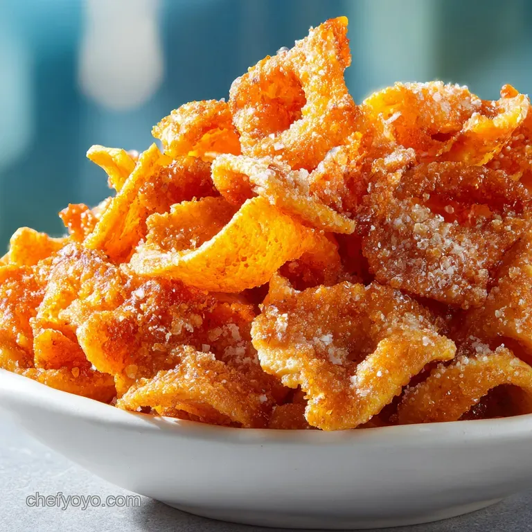 Individual pile of caramel-colored baked snack, highlighting crispy, bubbled texture. Rustic bowl adds a touch of charm.