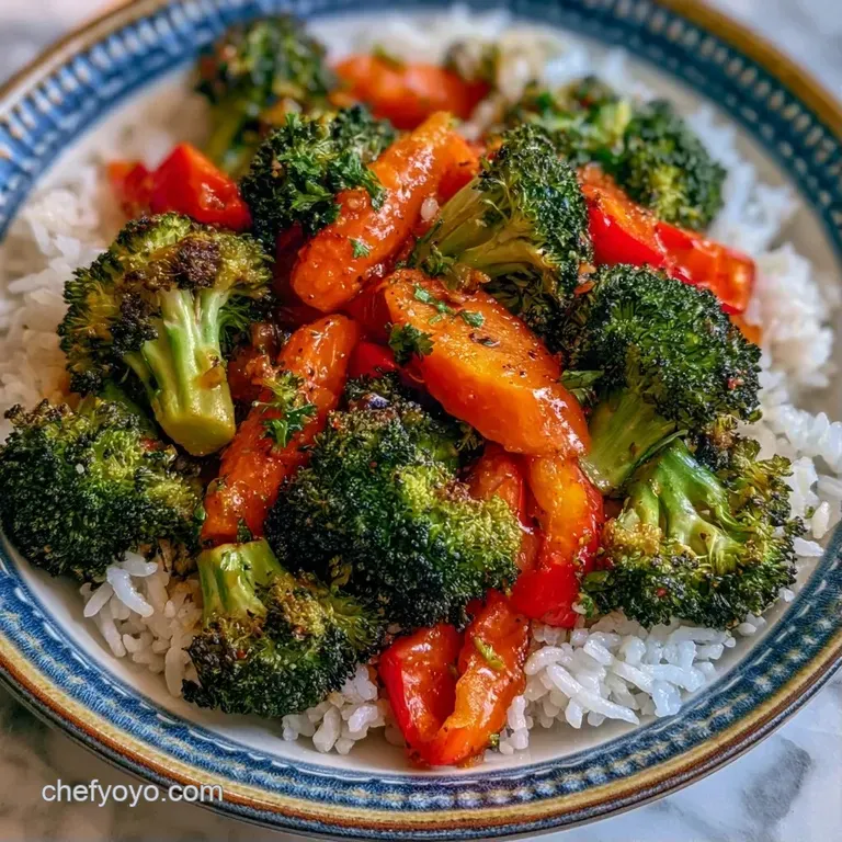 Elegant bowl of golden-brown roasted root vegetables and steamed rice topped with a sprig of fresh green parsley.