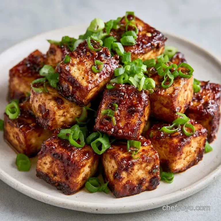 Golden-brown tofu cubes artfully arranged in a matte black bowl, garnished with bright green scallion slivers.