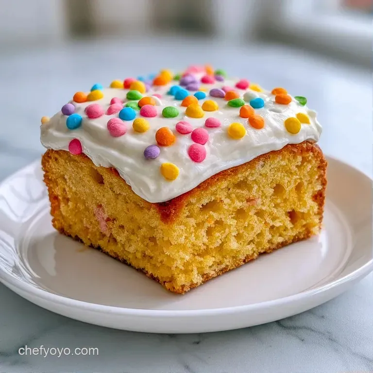 Elegant slice of light sponge cake on a white ceramic plate with colorful cream dots and a fresh raspberry.