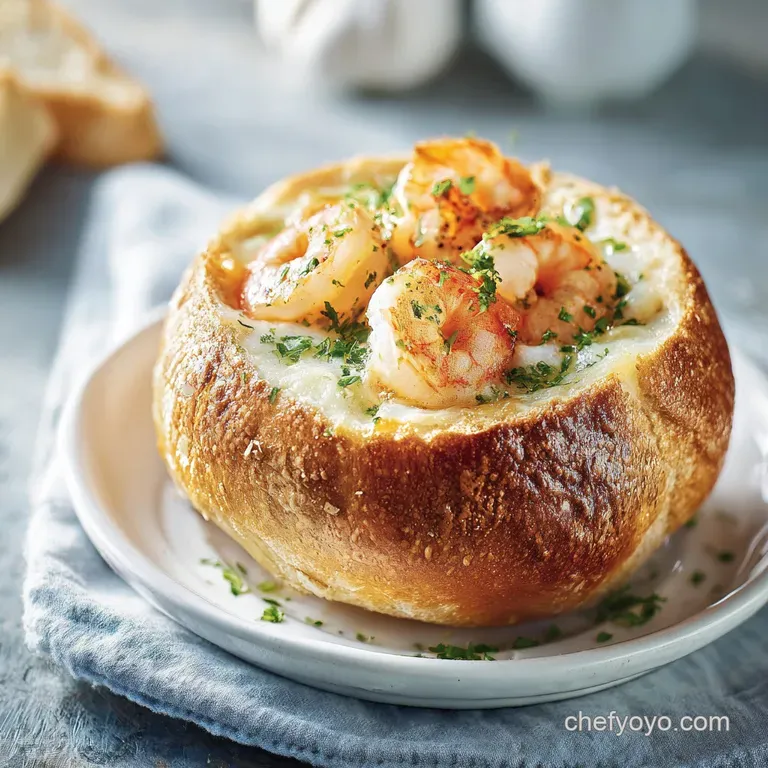 Seafood bread bowl slice on a plate. Steaming, light glistening oil, flaky pastry, fresh greens complement the warm colors.