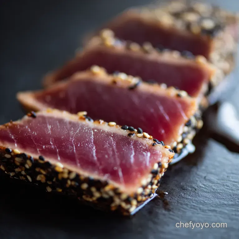 Seared Yellowfin Tuna with Wasabiginger Glaze Sesame Crust presentation