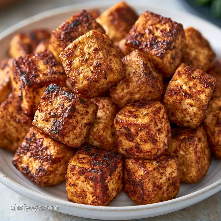 Golden seared tofu squares meticulously arranged on a dark slate board with microgreens and a drizzle of glaze.