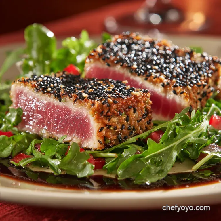 Sesame Crusted Tuna Steak on Arugula: the 25-Minute Restaurant Meal presentation