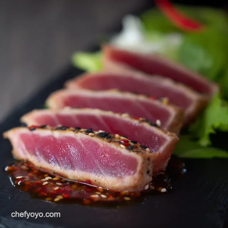 Sesamecrusted Seared Yellowfin Tuna with Wasabi Mayo presentation
