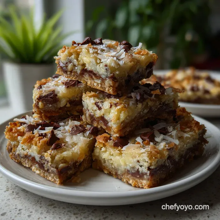 Square slice of seven-layer bar with visible layers on a white plate. Browned coconut, chocolate, and nuts offer a delight...