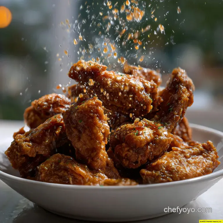 Crispy fried chicken elegantly arranged on a white plate, garnished with sesame seeds and green onions, offering a delight...