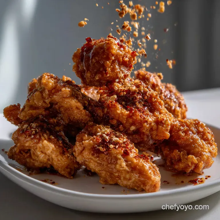 Golden-brown fried chicken pieces piled high on a rustic wooden table, glistening with a vibrant red chili glaze. Perfect ...