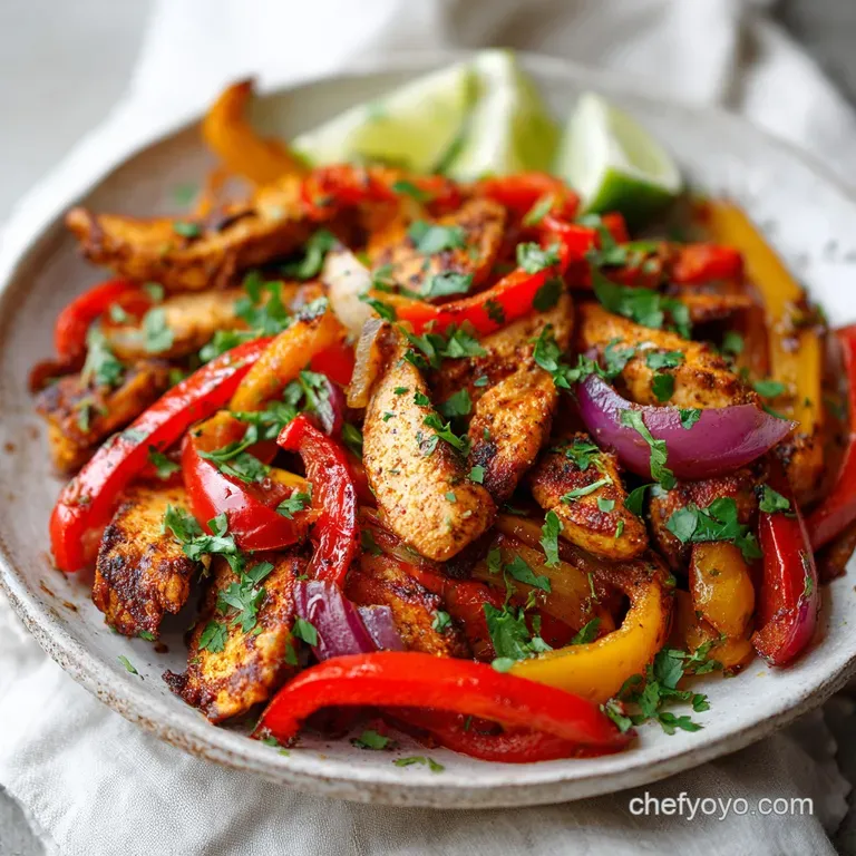Chicken fajita strips with peppers and onions overflowing from a warm tortilla, accented by vibrant cilantro and lime.
