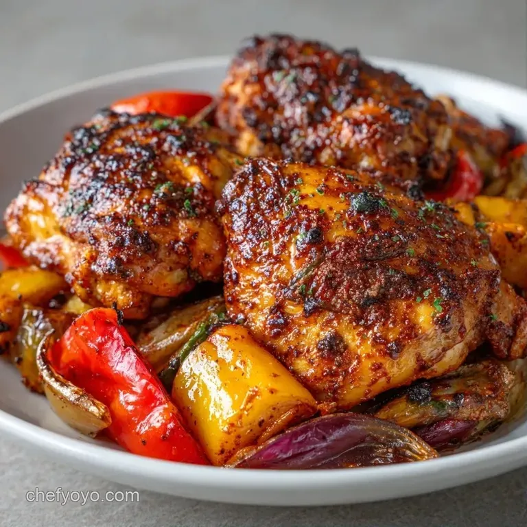 Plated golden-brown chicken thigh with glistening skin and colorful roasted vegetables on a clean ceramic dish.