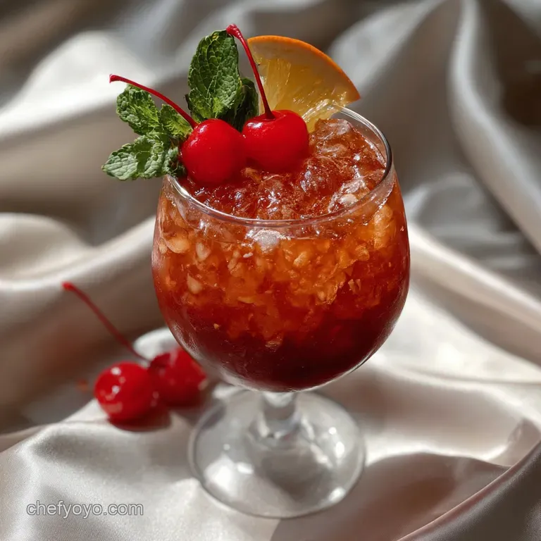 Tall glass filled with a refreshing, clear beverage, garnished with citrus and a maraschino cherry on a white surface.