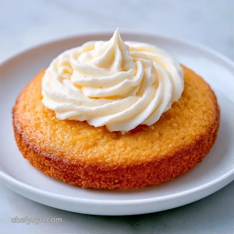 Three small golden cake rounds arranged on a white porcelain plate with a swirl of whipped cream and mint leaves.