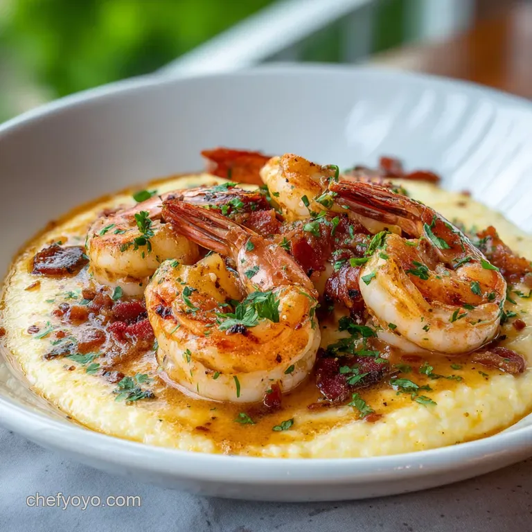 Elegant plating: Shrimp and grits drizzled with amber-colored sauce, garnished with fresh herbs, on a pristine white plate.