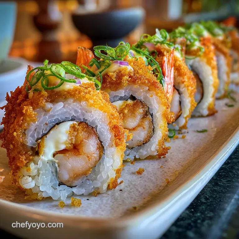 Elegant plate featuring a shrimp tempura roll with a distinct crispy texture, accompanied by a side of pickled ginger and ...