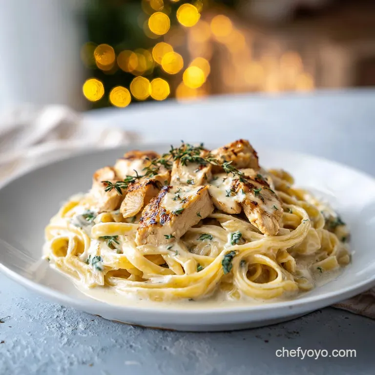 Perfectly plated Alfredo: glistening noodles, tender chicken, a sprinkle of herbs, and a drizzle of extra sauce for richness.
