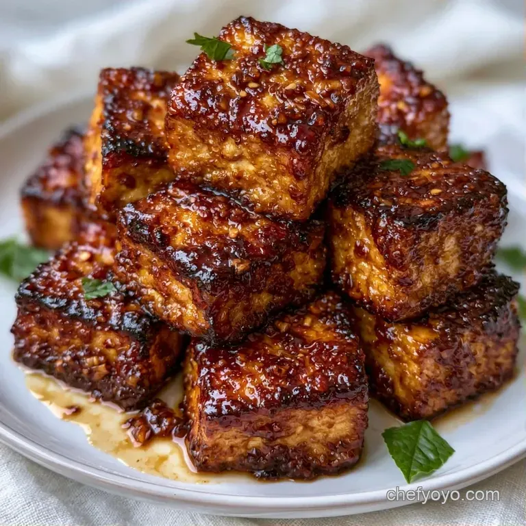 Seared tofu cubes arranged neatly in a white ceramic bowl, drizzled with dark glaze and topped with bright green scallions.
