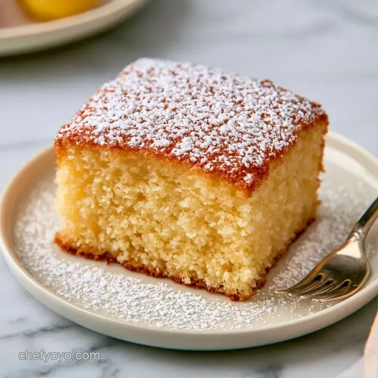 A single golden mini cake on a white ceramic plate, garnished with a sprig of mint and a dusting of powdered sugar.