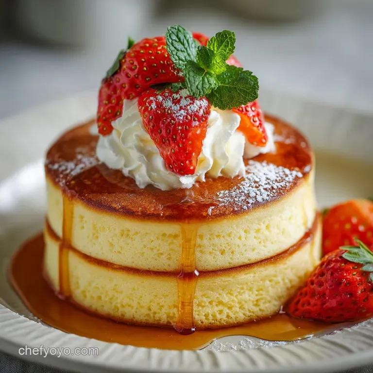 Hotcake stack adorned with fresh berries and powdered sugar. Delicate steam rising suggests they're fresh off the griddle.