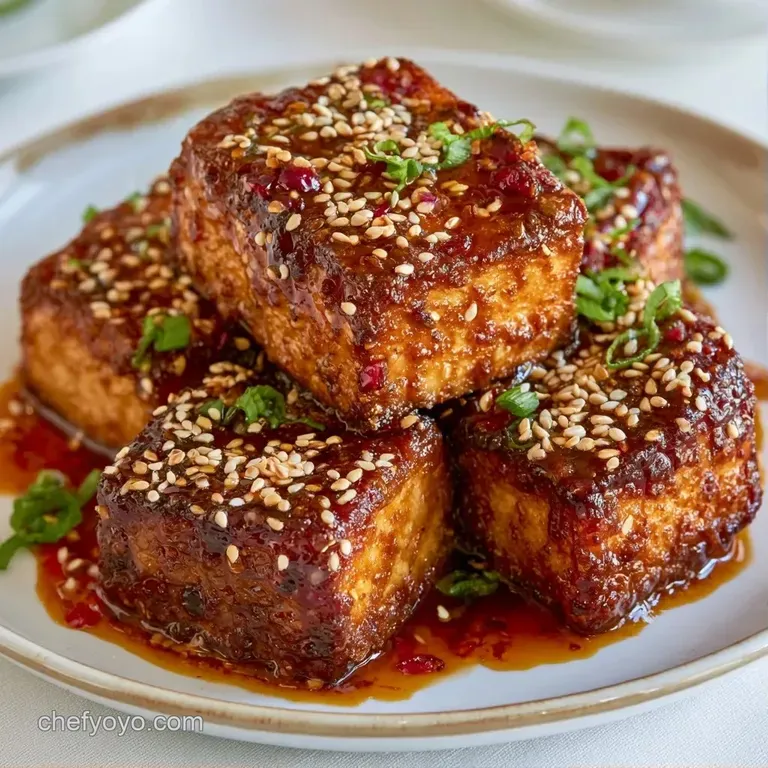 A white ceramic bowl filled with glistening tofu cubes, colorful snap peas, and a sprinkle of toasted sesame seeds.