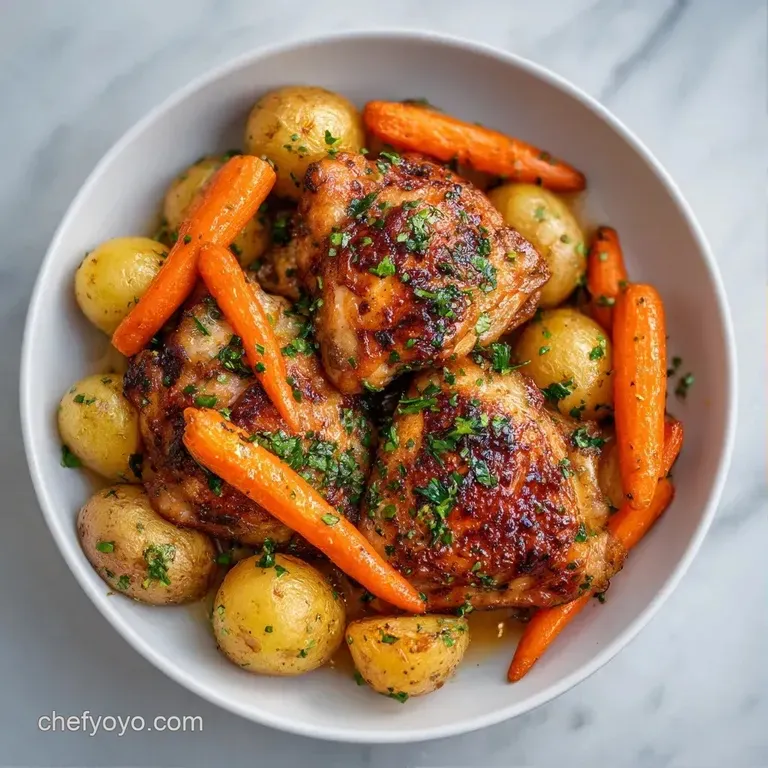 Golden poultry thighs with vibrant honey-glazed carrots and a sprinkle of fresh parsley on a white ceramic plate.