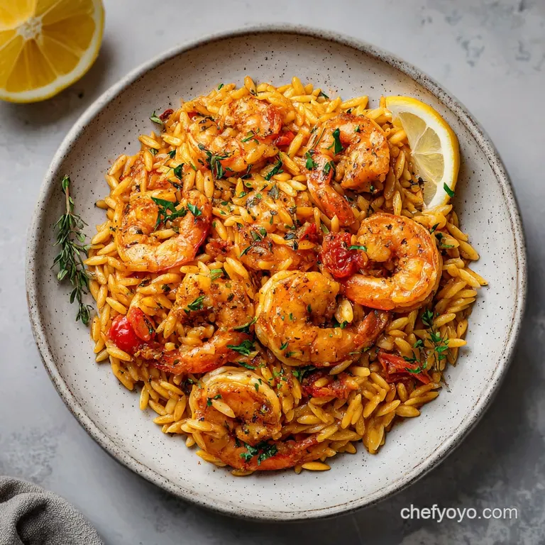 A single, artfully plated serving of skillet shrimp and orzo, glistening with sauce and garnished with a sprig of fresh pa...