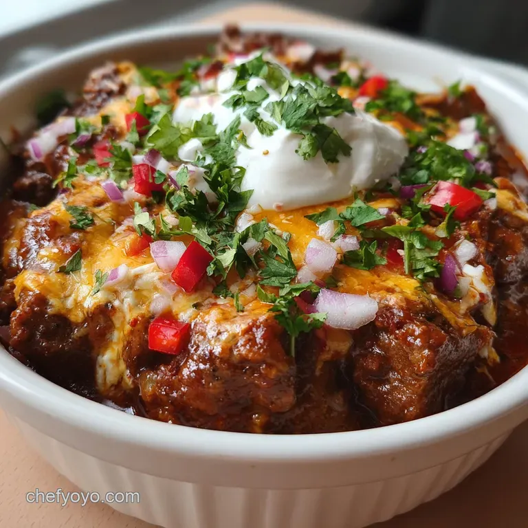 Overhead shot of rich, meaty casserole with bubbly melted cheese and golden-brown potato rounds. Warm and comforting textu...
