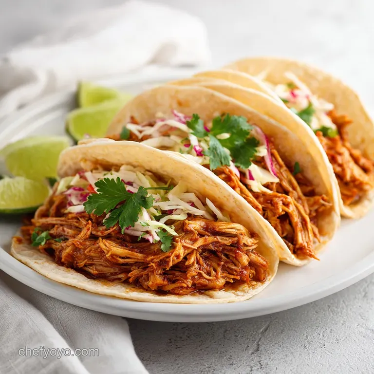 Tender pulled chicken tacos artfully arranged, garnished with cilantro and a lime wedge.