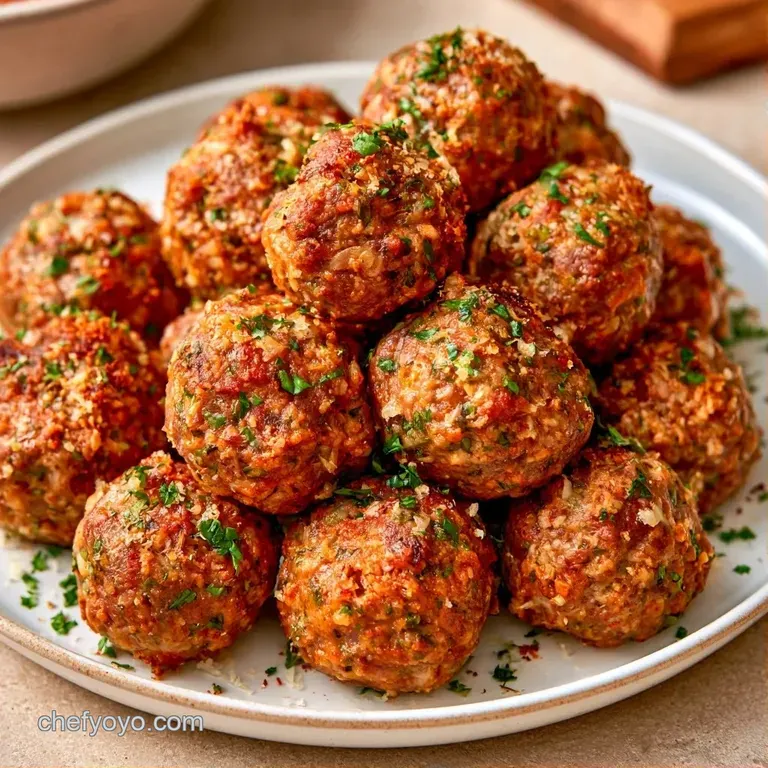 Glistening dark meat spheres piled in a white ceramic bowl, topped with chopped parsley and a drizzle of sauce.