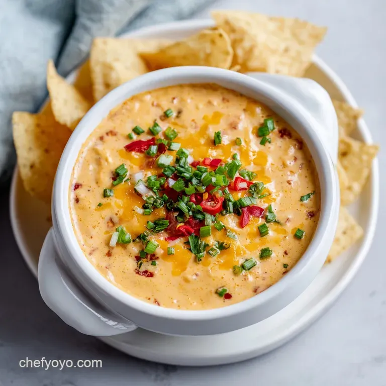 A rustic skillet of melted, creamy queso dip topped with vibrant red chorizo and bright green cilantro sprigs.